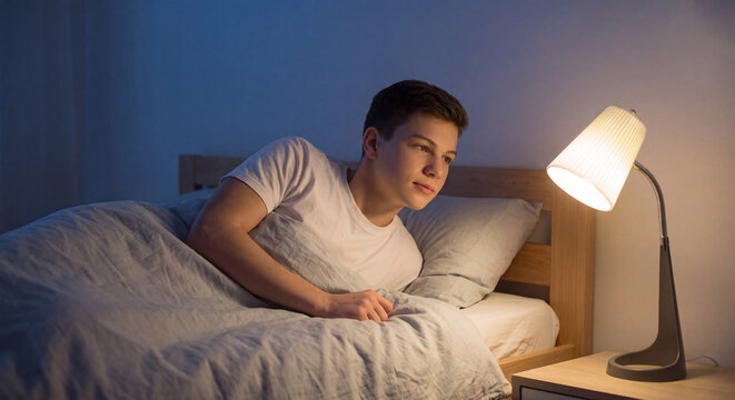 Thoughtful teenage boy lying in bed looking sideways illuminated by warm glowing table lamp on nightstand in bedroom during nighttime