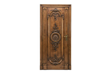 Fototapeta premium Antique wooden door with intricate carved floral patterns and ornate circular center detail isolated on a transparent background