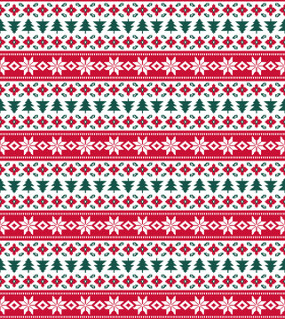 Seamless christmas pattern with pine trees and snowflakes, festive winter holiday textile design, traditional nordic knitted sweater style, red and green repeating background