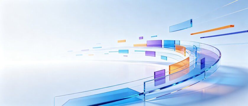Futuristic transparent glass ribbons with colorful floating geometric panels, idea for digital innovation, modern technology presentation, creative communication and abstract business background