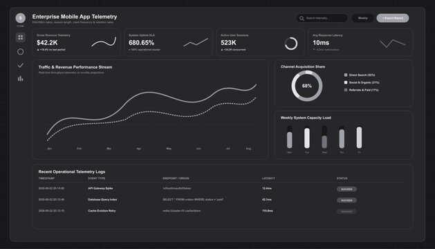 Modern dark UI dashboard interface design, business analytics infographic template with data charts, mobile app screen layout for statistics dashboard