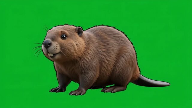 Cute cartoon beaver on a vibrant green screen background, perfect for compositing and educational content.