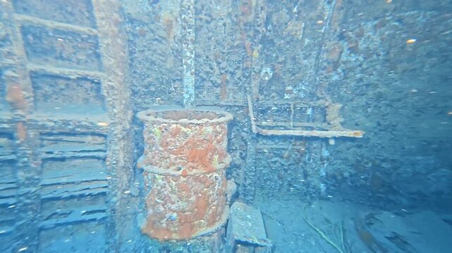 Marine Life and Shipwreck: 4K Underwater Video of the Interior of the USS Spiegel Grove Shipwreck in Key Largo, Florida