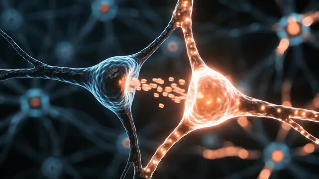 Neural synapse firing with glowing electrical impulses, microscopic brain cell network, biological neurons transmitting signals
