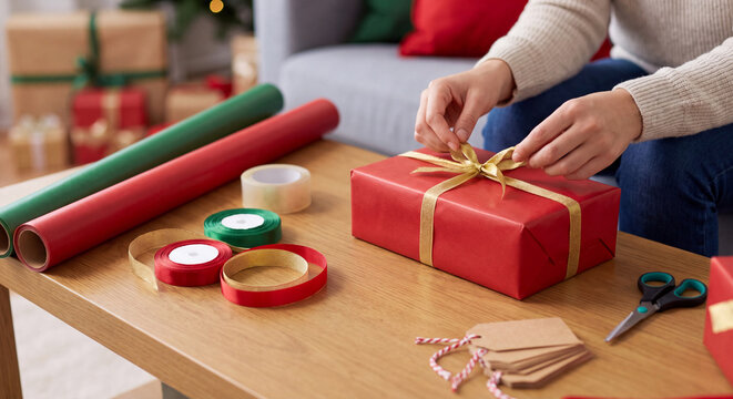 Close up view of hands carefully tying a red ribbon around a festive wrapped gift box surrounded by wrapping paper rolls and scissors
