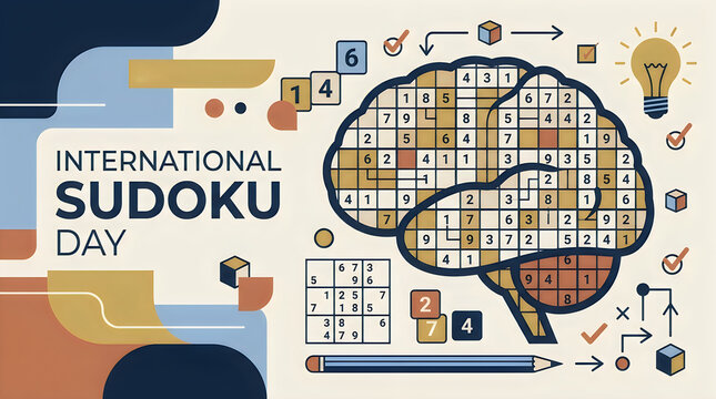 Colorful International Sudoku Day celebration with brain illustration and puzzle elements.