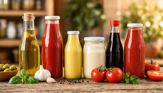 A row of glass bottles and jars filled with olive oil, ketchup, mustard, mayonnaise and vinegar arranged with tomatoes, garlic and herbs on a wooden surface.
