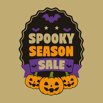 Spooky season sale Halloween badge with pumpkins and bats
