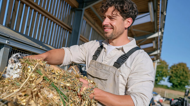 A warrener tends rabbit hutches in a warm indoor barn, process in action as he prepares natural sustainable bedding materials, autumn September evening light through slat walls, heritage farming cra