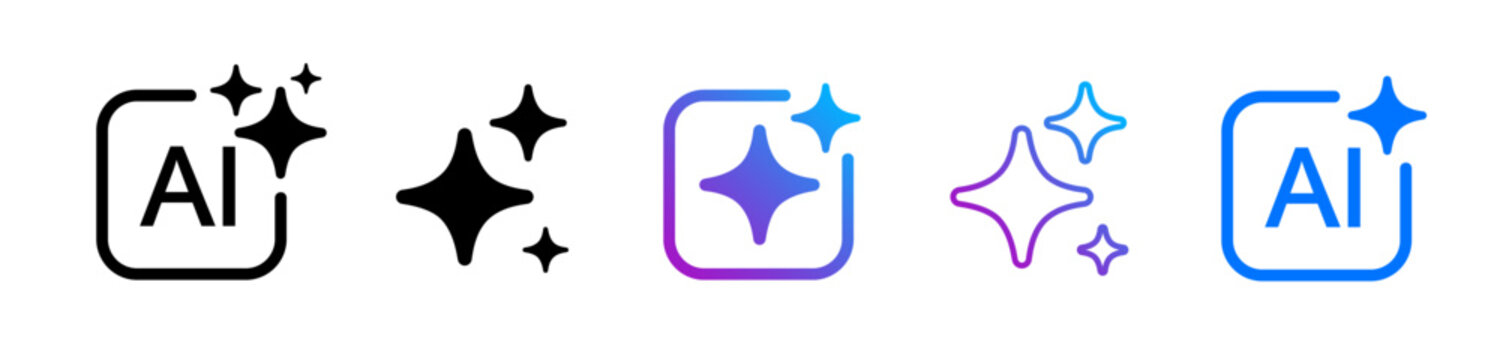 AI generate icon set, generative AI sparkle, sparkle star with square button, generated prompt, artificial intelligence star logo blue gradient style