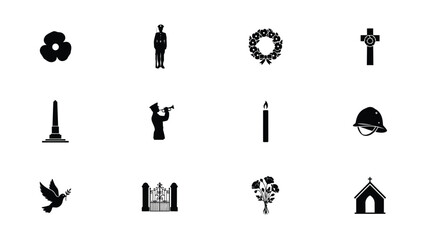 Fototapeta premium Black and white symbols representing military remembrance with Collection icons highlights themes military honor respectful tributes minimalist style