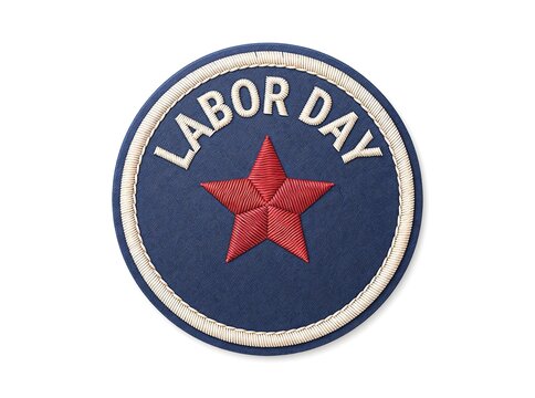 Embroidered round patch with a red star and labor day text isolated on a white background