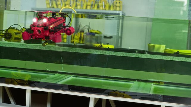 Young adult seen over shoulder operating underwater robot in laboratory tank using remote controller. Clip suitable for marine technology and robotics education