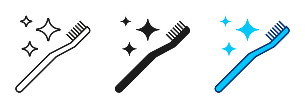Toothbrush with sparkle stars icon, concept dental care, dentistry logo, daily tooth brushing, symbol oral hygiene