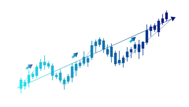 Blue candlestick chart showing bullish trend of stock market. Several waves of growth and correction in a growing market. Growth in investments and profits