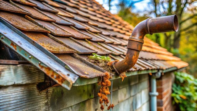 Rustic Aged Roofline Detail Weathered Tile, Metal, and Rusty Downspout Showing Signs of Time and Nature's Effects