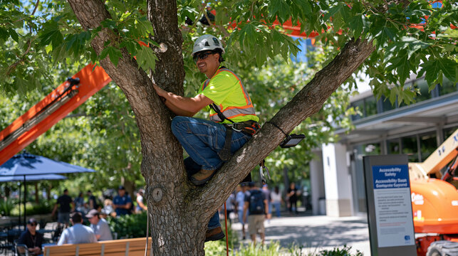 An arborist team in high visibility gear crowds a busy pedestrian plaza, wide establishing shot showing a cherry picker above ancient elm canopy while a screen reader device mounted on a nearby kios