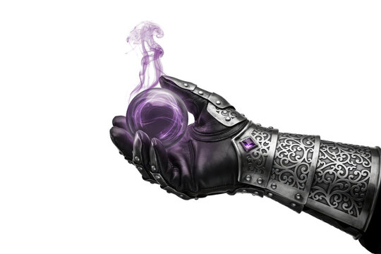 Armored gauntlet holding a glowing purple magic orb with rising smoke isolated on a transparent background