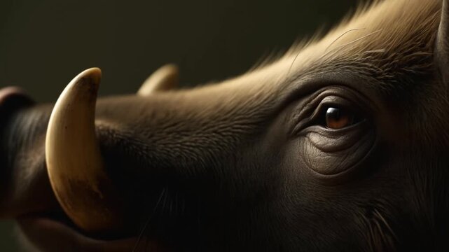 Wild boar closeup with large tusks and alert eye in dark natural setting