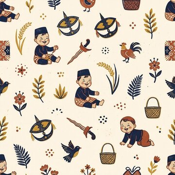 Cute Malay village kids with traditional heritage items seamless pattern