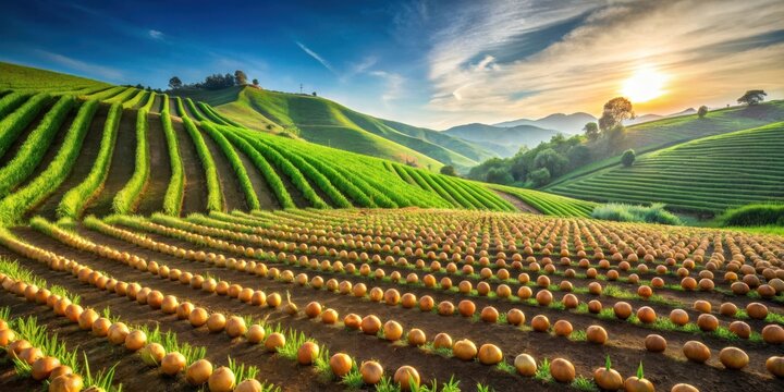 Serene Sunrise Over Rolling Hills with Rows of Cultivated Crops and Golden Spheres