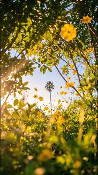 Lone Palm Tree Framed by Blooming Yellow Cosmos Flowers in Lens Flare Sunlight