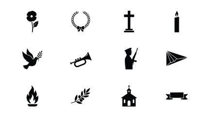 Fototapeta premium Black and white icons representing memorial and remembrance symbols in a minimalist style with illustrate traditional symbols remembrance solemn observances