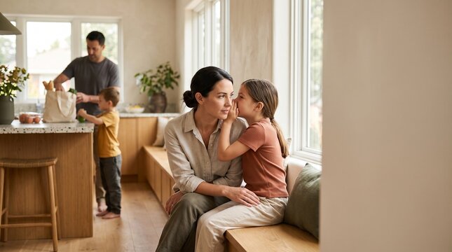 Little daughter whispering a secret to her mother while sitting on a window bench in a modern kitchen with family