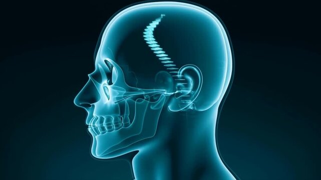 Human head and neck anatomy shown in side profile with visible skull and spine