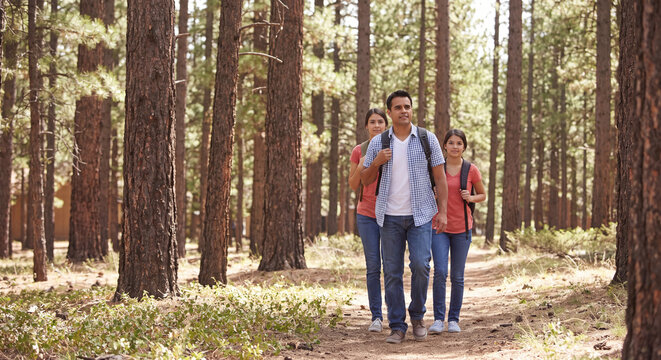 Happy family with backpacks walking along a scenic dirt trail through tall pine trees during a hiking adventure in the forest