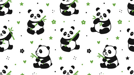 Seamless pattern featuring cute cartoon pandas holding bamboo stalks, decorated with small green leaves, flowers, stars, and black dots on a clean white © MD