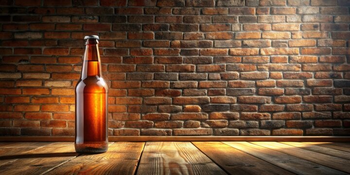 A single amber beverage bottle rests on rustic wooden planks against a backdrop of a textured brick wall, bathed in soft light.