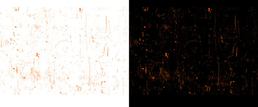 Grunge texture overlay set, vintage dust and scratch textures, distressed orange noise on black and white backgrounds