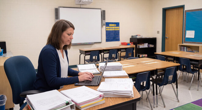 Concentrated teacher sitting at her wooden desk using a laptop computer surrounded by paperwork in an empty schoolroom