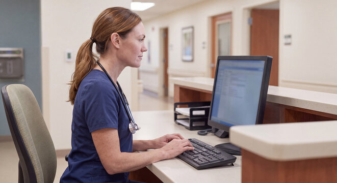 Female healthcare professional sitting at a hospital nursing station typing on desktop computer entering patient data