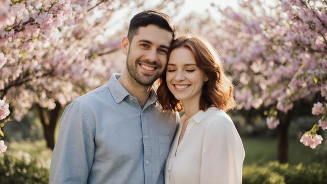 Portrait of cute couple man and woman on background bloom floral spring garden flower AI Generative