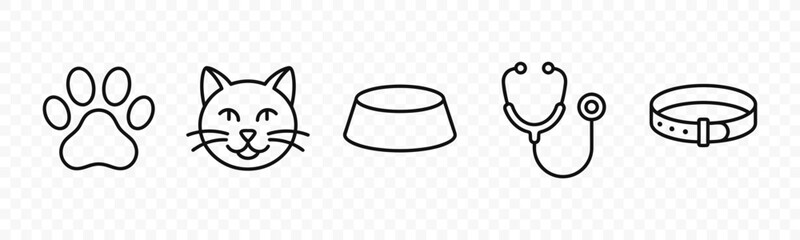 Fototapeta premium flat vector illustration line art icon bundle set design focused on pet care animal paws cat silhouettes and feeding bowls for veterinary clinic and pet shop website ui