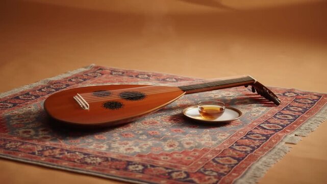Lute and Tea Cup Resting on Patterned Rug in Warm Indoor Setting