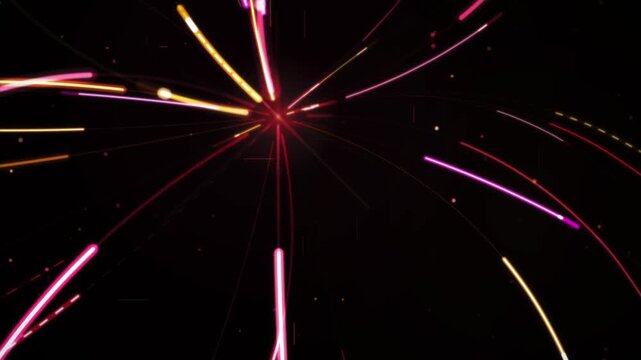 Dynamic abstract neon light trails bursting outwards in fast motion cosmic tunnel background loop