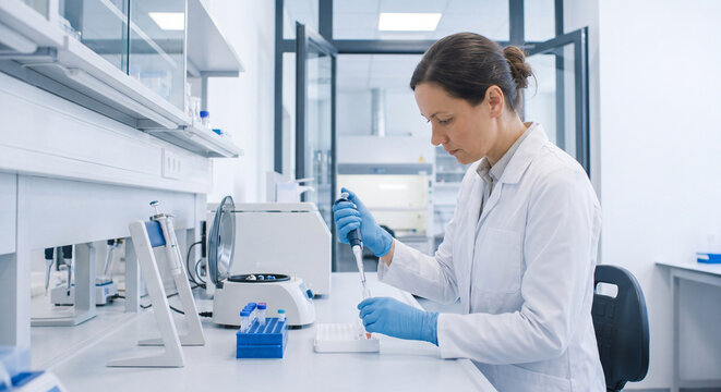 Woman researcher in lab coat and blue gloves carefully pipetting chemical solution into test tubes on laboratory workbench