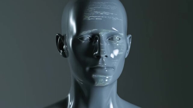 Humanoid robot head with glossy metallic face facing forward in dark studio lighting