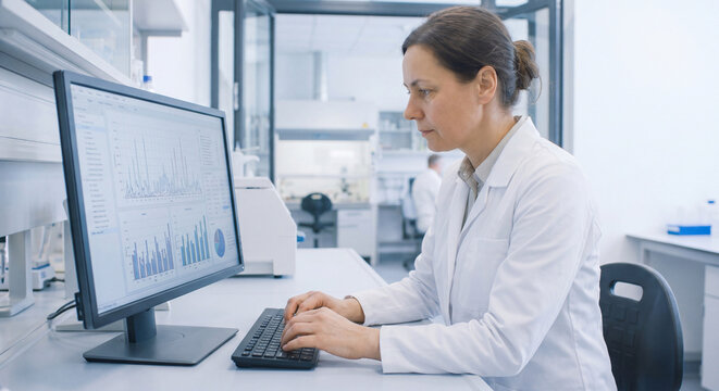 Woman scientist in lab coat sitting at desk typing on keyboard and analyzing graph data on computer screen in modern lab