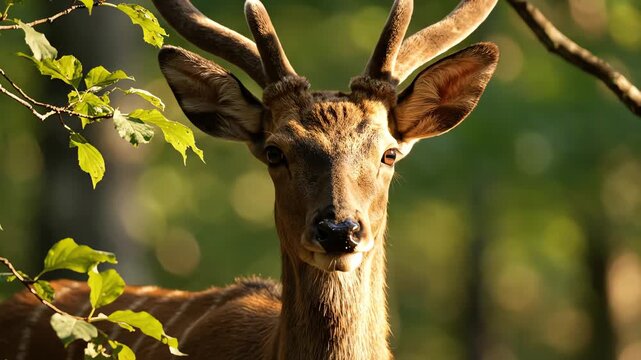 A majestic male deer with prominent antlers stares intently, captivating viewers with its direct gaze amidst the dappled sunlight and lush green foliage of a vibrant, wild forest habitat