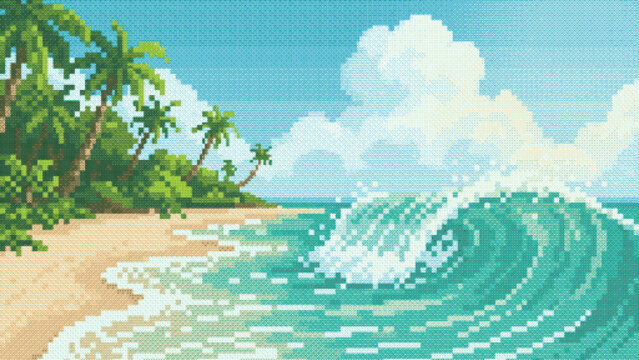 Pixel Art Tropical Beach Landscape With Crashing Ocean Wave, Tropical Pixel Art Seascape With Powerful Ocean Wave
