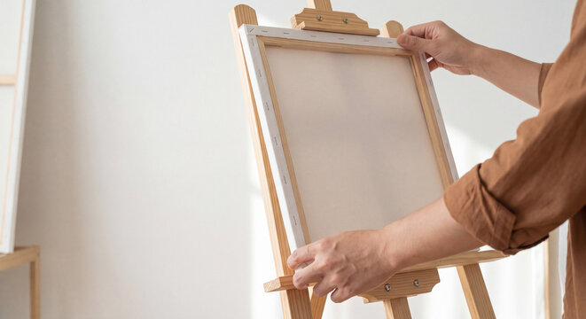 A male painter adjusts and sets up a blank canvas board on a wooden painting easel in a bright art studio.
