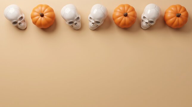 Top view of a row of small pumpkins and human skulls arranged on a plain beige background for halloween