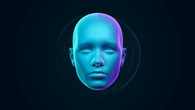 Futuristic Digital Human Face Floating Against Dark Background with Neon Glow