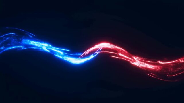 Blue and red glowing energy waves meet and blend at center on dark abstract background