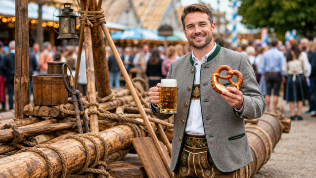 Festive man in bavarian jacket holding beer plus pretzel near a traditional waterwheel setting, male festival host presenting local refreshments, food service framed by alpine craftsmanship