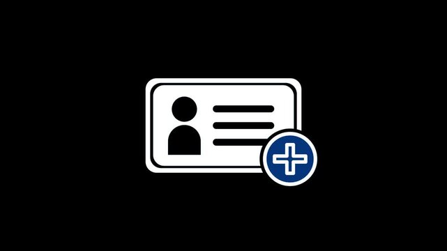 Digital identification card icon with user profile silhouette and blue plus symbol, representing adding new contact, registration, identity verification, healthcare records, and account creation.